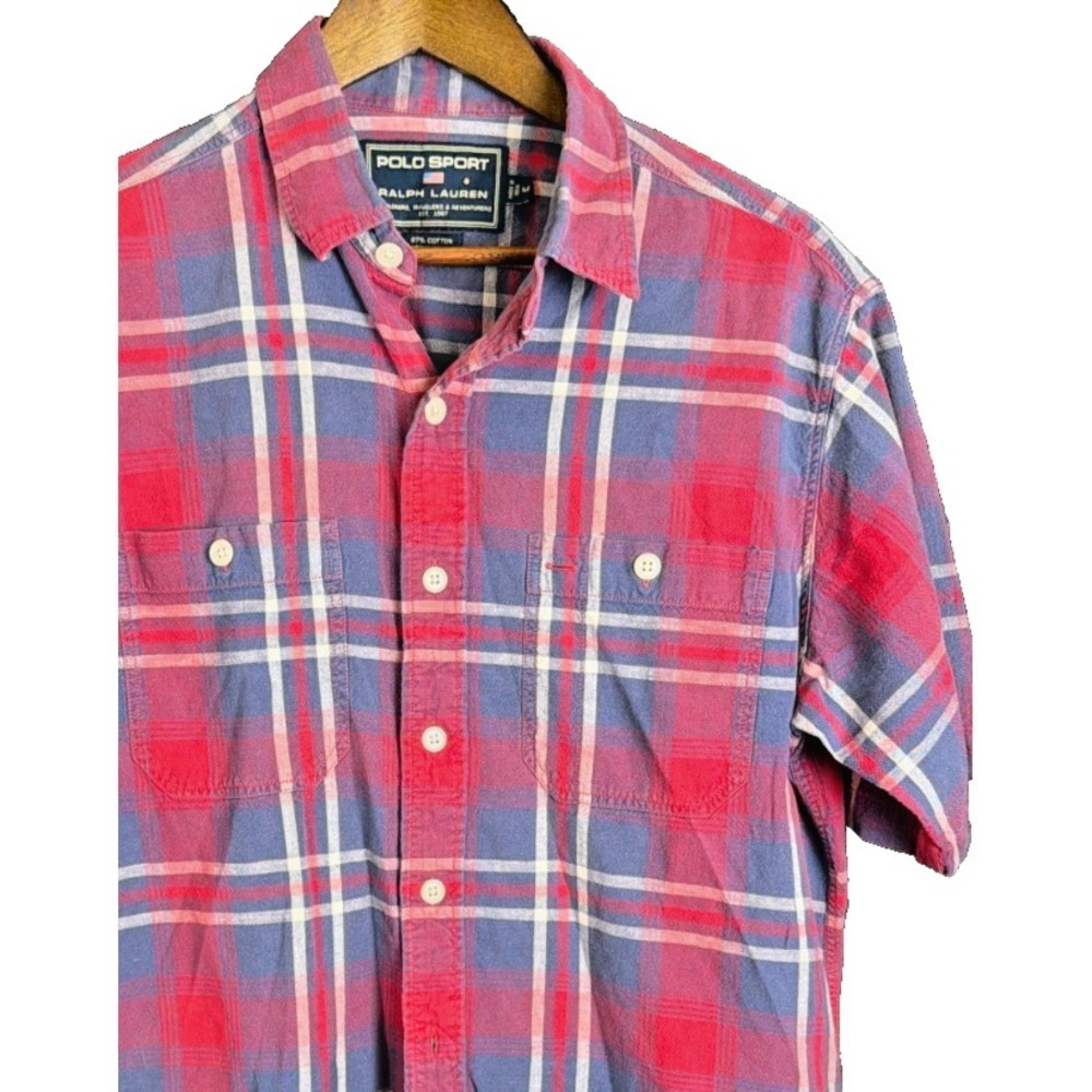 Polo Sport Ralph Lauren Plaid Linen Blend Shirt M Red Blue Vintage S/S